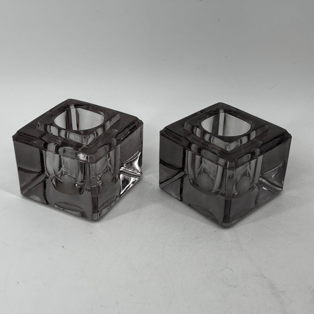 Vintage Smoky Amethyst Glass Cube Inkwells Candle Holders Set of 2 GeometricMCM